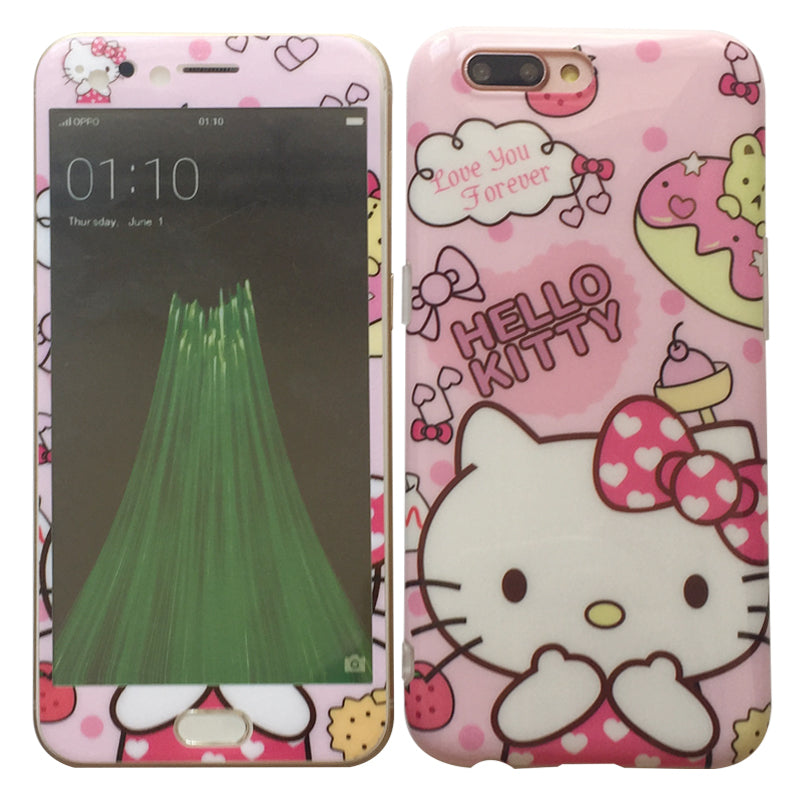 适用oppor9s钢化膜卡通全屏R15手机壳彩膜R11 plus贴膜女款R9/R17